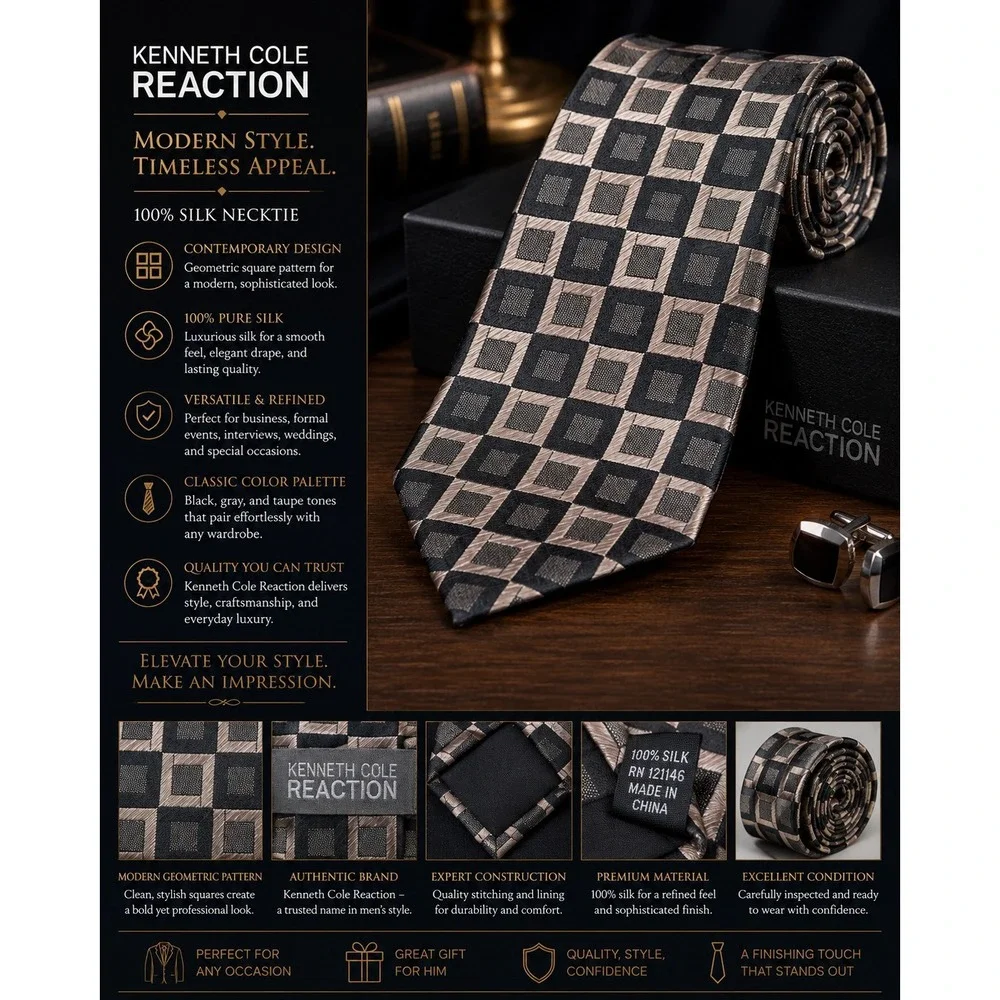 Kenneth Cole Reaction 100% Silk Geometric Squares Tie Black Gray Modern Classic